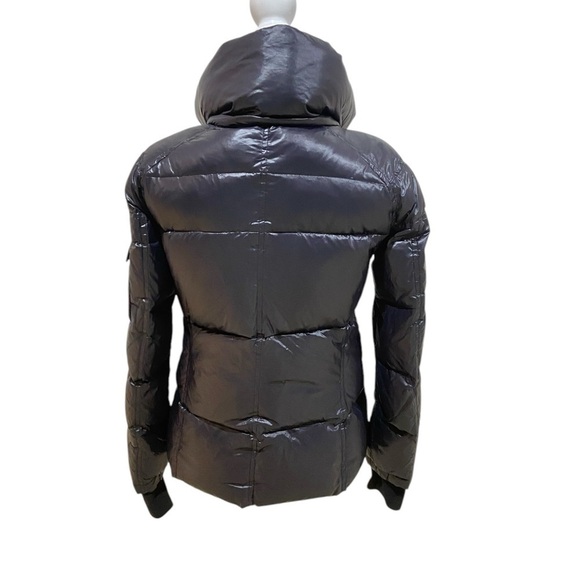 Aqua black puffer zip up jacket detachable faux tan fur trimmed hoodie small - Picture 13 of 16